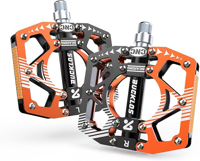 BUCKLOS MTB Bike Flat Pedals with Reflectors,Large Platform Mountain Non Slip CNC Aluminum Alloy Bicycle Pedals Sealed Bearing 9/16" Adult
