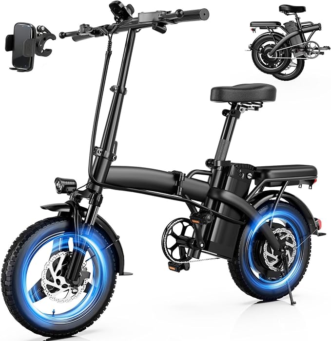 Folding Electric Bike for Adults Teens, Top Range 35Miles Pedal-Assist | 500W Peak 23Mph Speed E-Bike | 48V12Ah Battery | 14" Commuter Electric Bicycles | Mini Ebike with Phone Holder | UL Certified