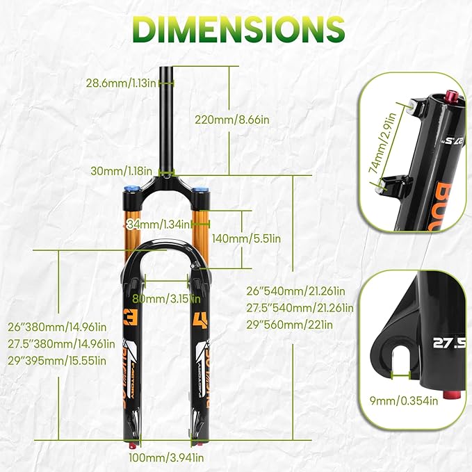 BUCKLOS 26/27.5/29 inch Travel 140mm MTB Air Suspension Fork, Rebound Adjustment 34mm Stanchions 1-1/8" Threadless Straight/Tapered 9*100mm QR Manual/Remote Lockout XC AM Mountain Bicycle Front Forks