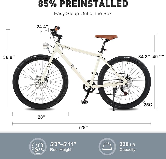VIRIBUS Hybrid Bikes, 28 inch Mens Hybrid Bicycle 7 Speed with Lightweight Aluminum Frame & Disc Brakes, 700C Retro Vintage Adult Bike for Tall Men & City Commuters, 85% Pre-Assembled