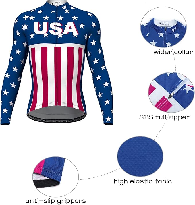 Lo.gas USA Cycling Jersey Men Short Sleeve Bike Biking Shirts American Flag Road Bicycle Clothing Full Zip with Pockets