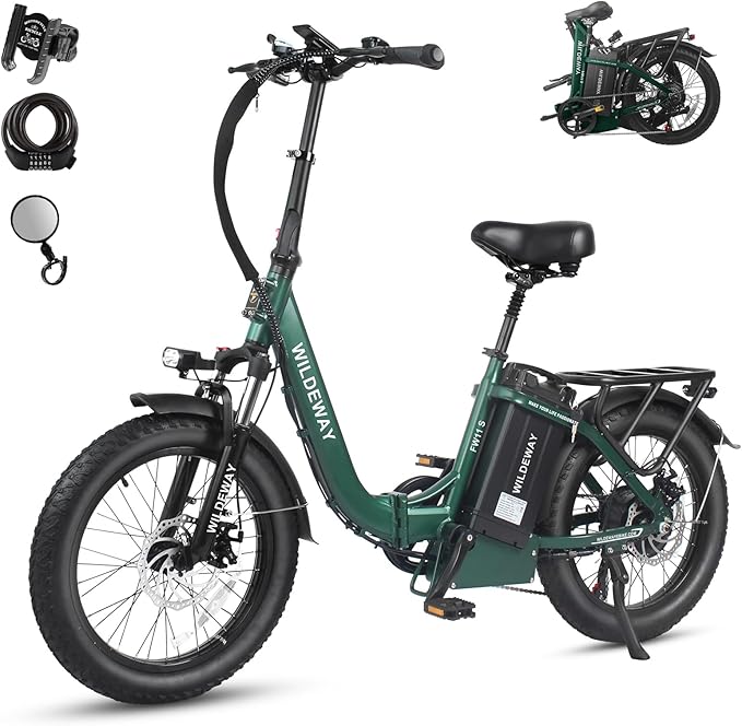 Wildeway Folding Electric Bike for Adults with 32Ah Battery Long Range 750W Motor 28MPH, 20"x 3.0"Fat Tire Foldable EBike, Urban City Commuter Men Women Bicycle 7 Speed Gear