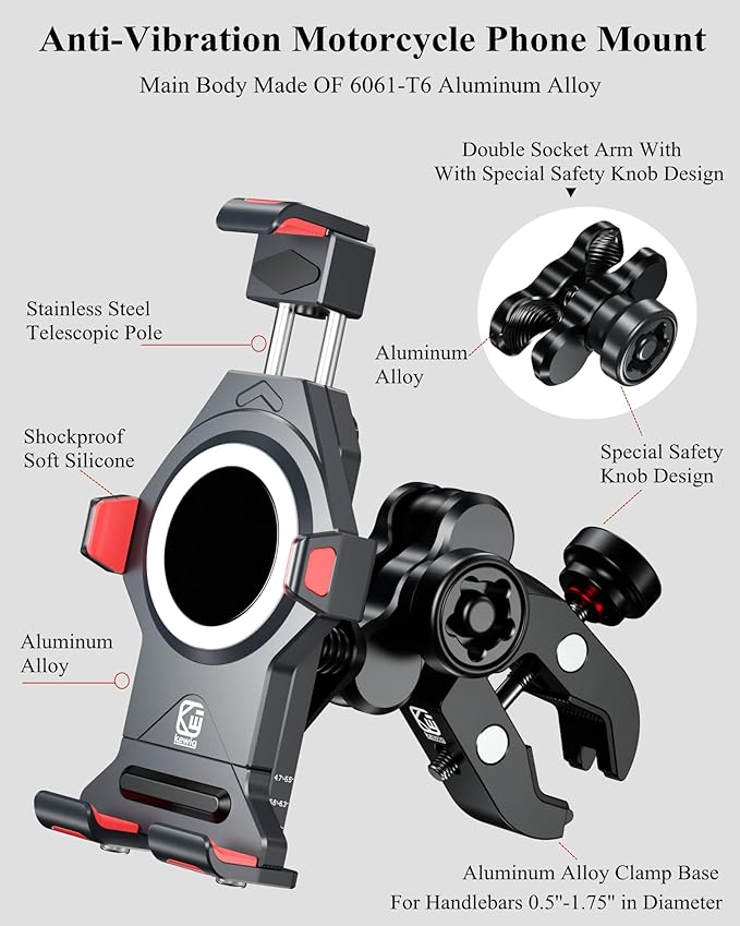 BRCOVAN Metal Anti-Theft Motorcycle Phone Mount with Vibration Dampener & High-Speed Secure Lock, Adjustable Aluminum Alloy Motorcycle Cellphone Holder for Bike Scooter ATV UTV Fit 4.7''-7.2'' Phones