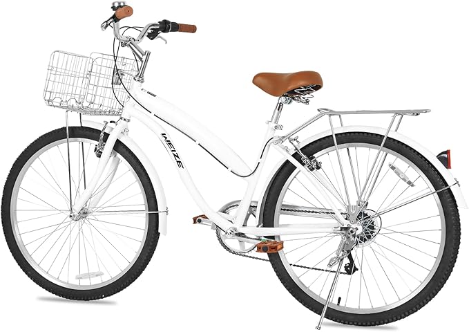 WEIZE Beach Cruiser Bike, 26 inch Commuter Bicycle for Adult Men and Women,High-Carbon Steel/Front & Rear Fenders, Comfortable City Bikes with Rear Rack or Basket, Ergonomic Upright Design