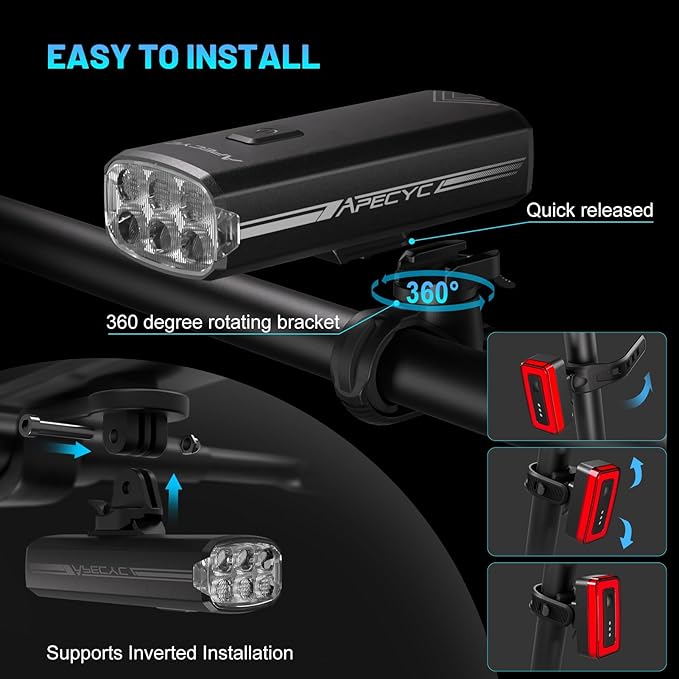 Super Bright Bike Lights Set, 18000LM USB Rechargeable Bicycle Front Headlight & Rear Taillight, Compatible with Garmin/GoPro, Night Riding Light for Mountain Bike/Urban Commuter Cycling