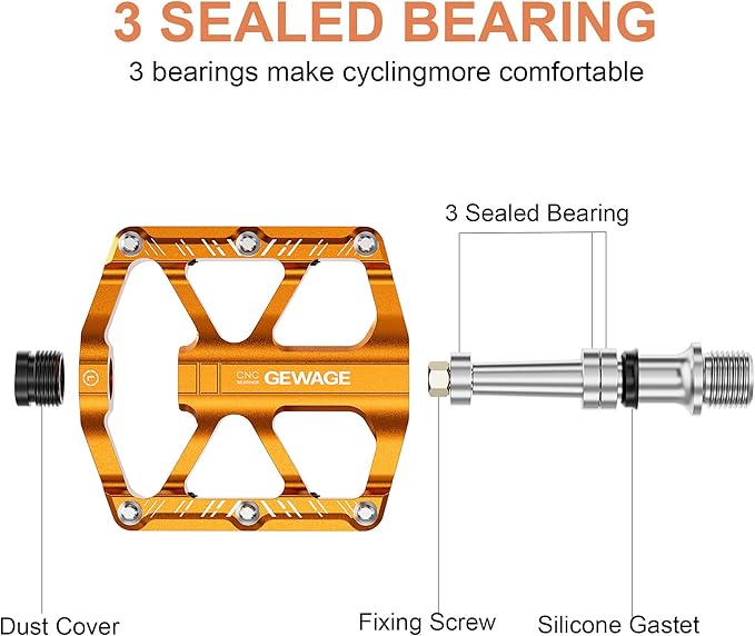 Mountain Bike Pedals - 3 Bearings Bicycle Pedals with Reflectors - 9/16” CNC Machined Flat Pedals with Removable Anti-Skid Nails for Road Mountain BMX MTB Bike