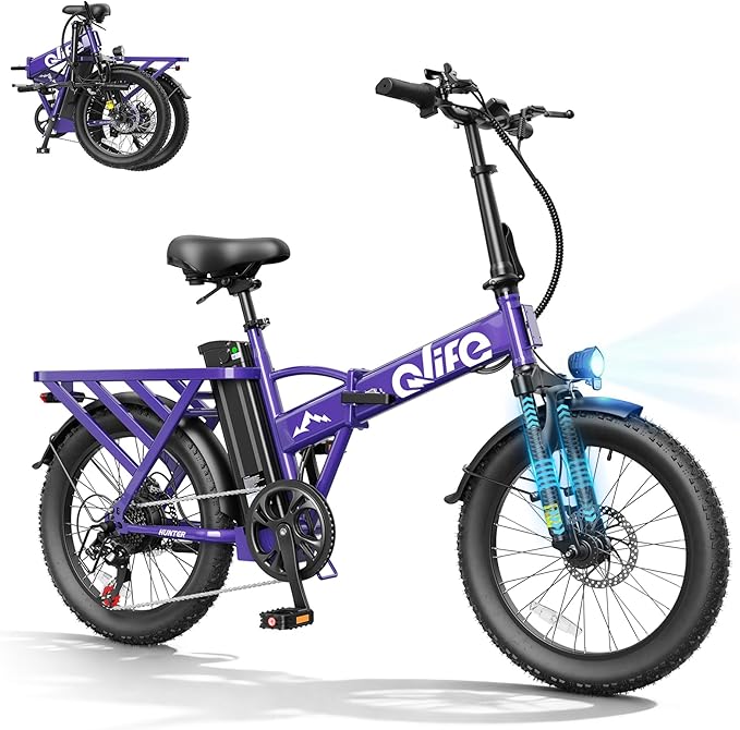 Qlife Hunter Foldable Electric Bike for Adults, Peak 1200W Ebike with 48V 13.5Ah Battery, 65-Mile Range, Heavy-Duty Rear Rack, 20-Inch Fat Tires, Folding E Bike for Commuting & Outdoor Use