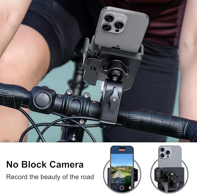 Bike Phone Mount, Motorcycle Phone Holder with Not Block Camera, Motorcycle Handlebar Cell Phone Clamp for iPhone 16, iPhone 15 Pro Max/Plus,14,S9, S10 and More 4.5" to 7" Phone