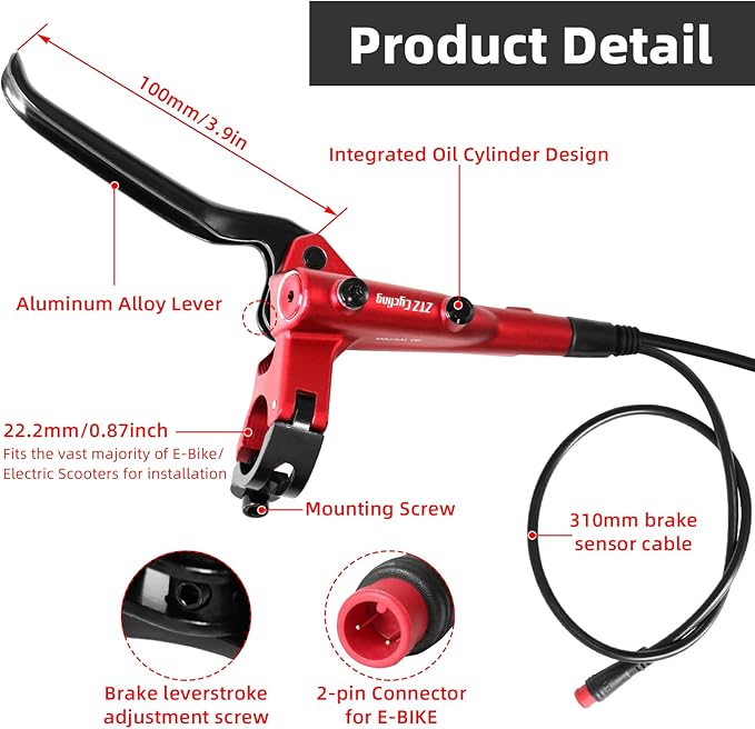 E-Bike Hydraulic Disc Brake Set, 2-PIN 2-Pistons Electric Power-Off Hydraulic Brakes Set, Left Front 950mm Right Rear 1880mm Pre-Bled with Mineral Oil Brakes Kit for eBike, MTB, Scooters