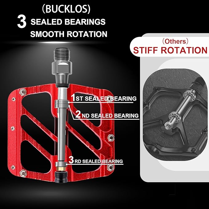 BUCKLOS MTB Flat Pedals Mountain Bike Pedals, 3 Bearings CNC Adult Road Bike Pedals, Bicycle Platform Aluminum Alloy Non-Slip Pedal for Gravel Bike/BMX 9/16"(Black)
