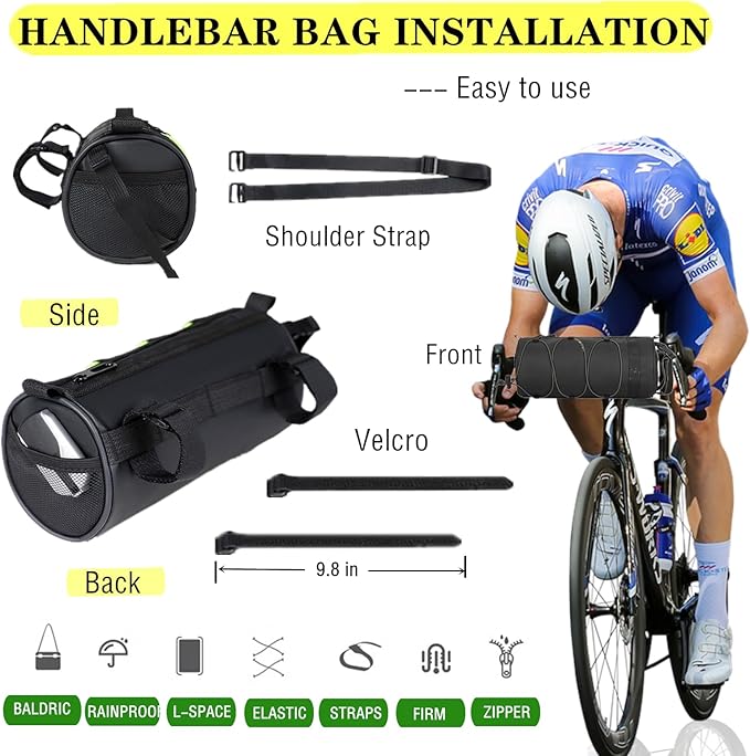 Bike Handlebar Bag, 2.4L Large Capacity Bicycle Front Storage Pouch with Detachable Shoulder Strap, Waterproof Universal Fit for MTB Road Bike Folding Bike Scooter (Black)