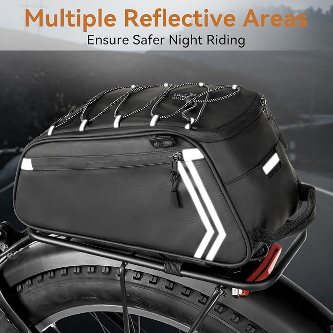 veimia Bike Rack Bag, 13L Waterproof PVC Bicycle Rear Seat Saddle Bag with Multiple Pockets, Compact Cycling Storage Bag for Rear Rack Commuter Road Mountain Ebike, Simple Installation, Black
