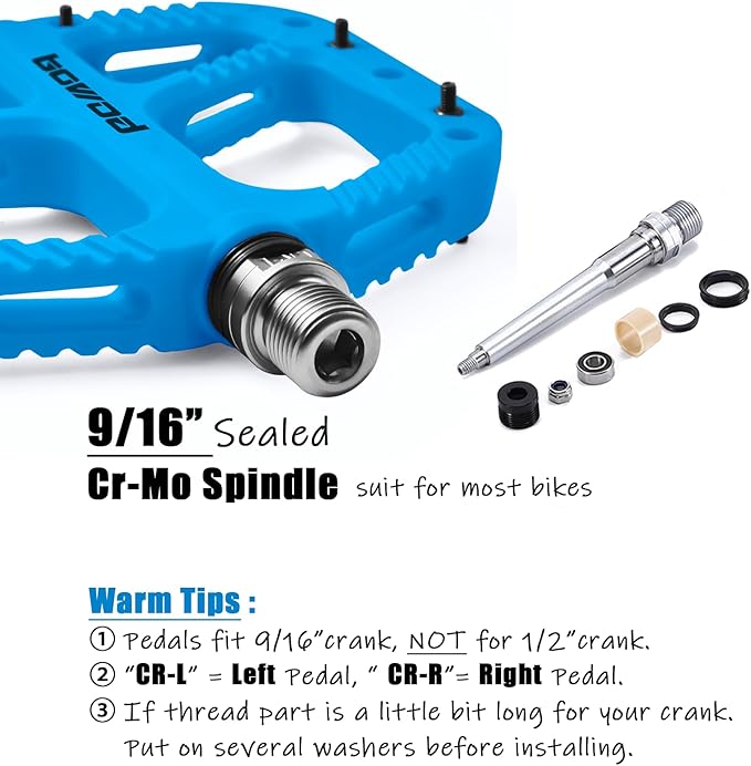 MTB Pedals Flat Mountain Bike Pedals Adult, Light and Wide Nylon Composite Bicycle Platform Pedal w Grippy Pins, 9/16" Cr-Mo Spindle 2 Bearings, Clipless Pedals for BMX Gravel Road E.Bike 9/16"
