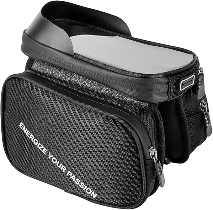 Portable Bag Bike, Waterproof Touchscreen Phone Holder, 8 Inches Road Bike Top Tube Pouch with Zipper, Polyester Cycling Storage with Reflective Strips, Electric Scooter Gear Organizer Easy Access