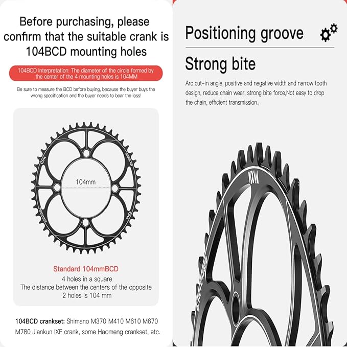 YBEKI 104BCD Chainring - CNC 7075-T6 Aluminum Narrow-Wide Round Chainwheel for MTB/Road Bikes (32-52T) | Compatible with Shimano/SRAM 8-11 Speed | Ultra-Light | Anti-Drop Design (Black/Red)