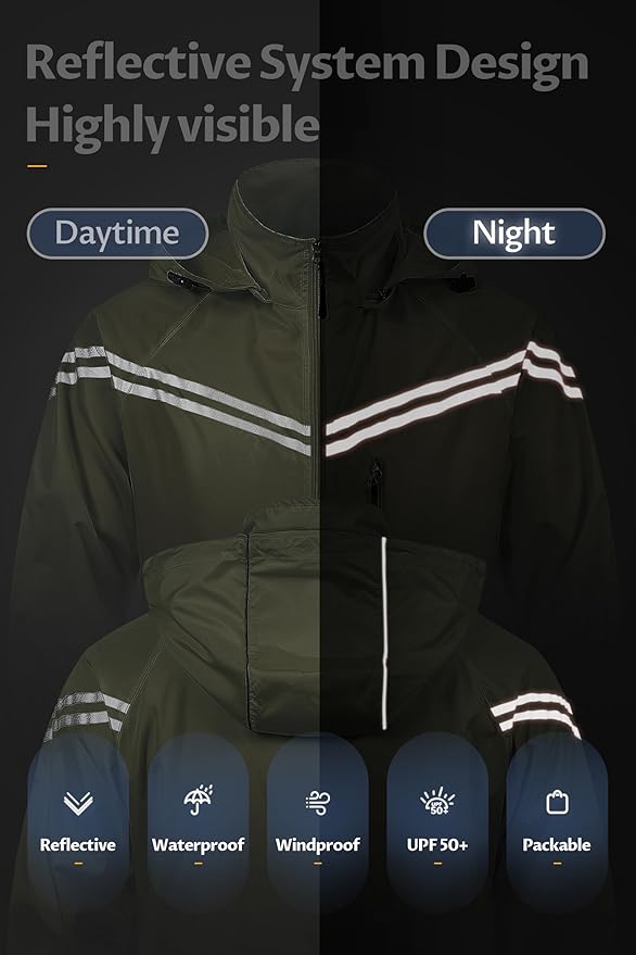 CREATMO US Men's Packable Waterproof Running Rain Coats Reflective Cycling Jacket Windbreaker With Removable Hood
