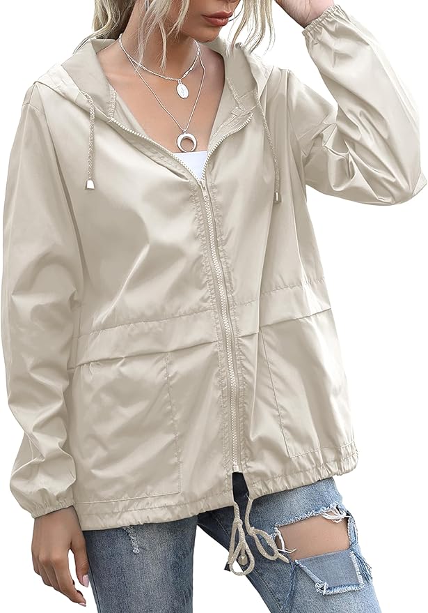 Women's Raincoats Lightweight Waterproof Windproof Adjustable Windbreaker Rain Jackets Hooded with Pockets S-XXL