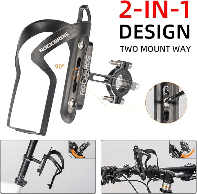 ROCKBROS Bike Cup Holder,2-in-1 Bicycle Bottle Bracket Aluminum Alloy Water Bottle Cages,Universal Rotation Cup Drink Holders for Bike Handlebars,Motorcycle,MTB,Boat,Walker,Wheelchair,Stroller，Black