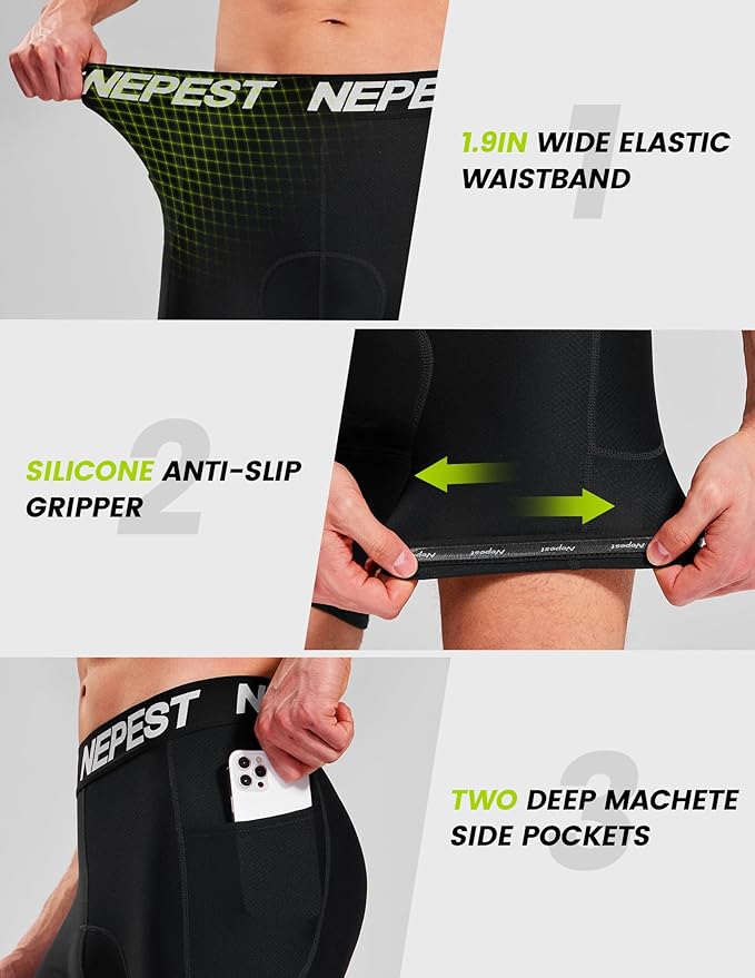 Nepest Cycling Underwear for Men Bike Shorts 4D Padded Biking Road Bicycle Biker MTB Liner Padding Shorts with Pockets