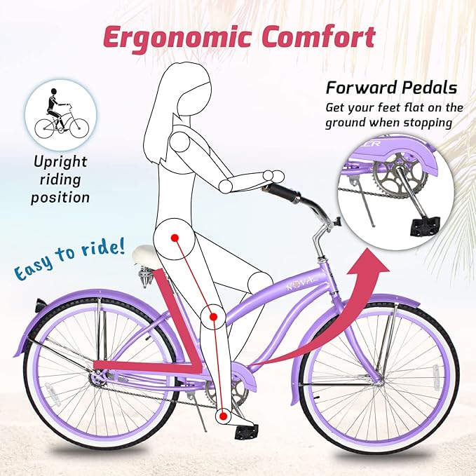 Tracer Nova Beach Cruiser Bike for Women,26 Inch Wheels,Hi Ten Steel Frame,1 Speed,Coaster Brake,Hybrid Bike for Adults,Complete Cruiser Bikes,Purple