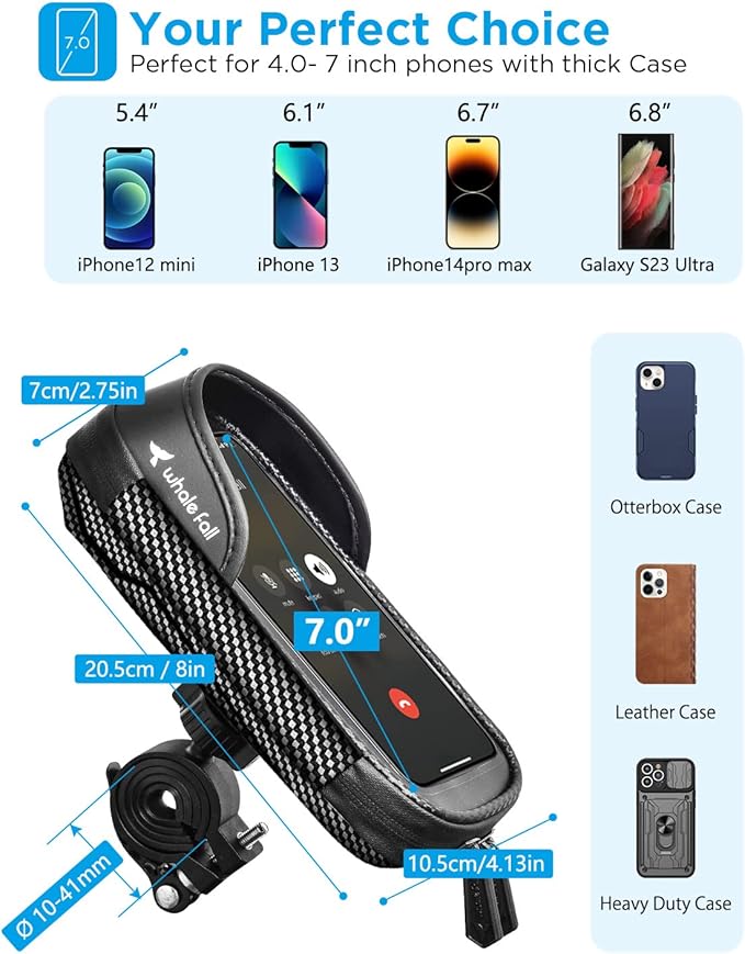 whale fall 360° Rotatable Bike Phone Holder, Waterproof Handlebar Bag with Touchscreen & Storage, Durable Bike Phone Mount for Navigation, Essential Bicycle Accessories for Phones Under 7"