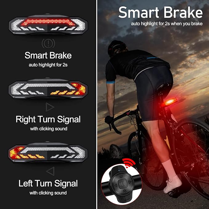 NineLeaf Bike Turn Signals, Turn Signal Kit for Ebike, Bike Turn Signals Front and Rear Auto On/Off Electric Bell Automatic Brake Light Remote Control Rear Light USB Rechargeable IP65 Waterproof