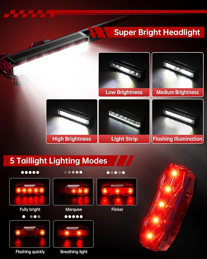 Bike Lights for Night Riding, USB Rechargeable Front Rear Light, Bicycle Headlight Set, Aluminum Light, IPX5 Waterproof Bike Headlight Taillight for Adult Kid Mountain MTB Off-Road Cycling