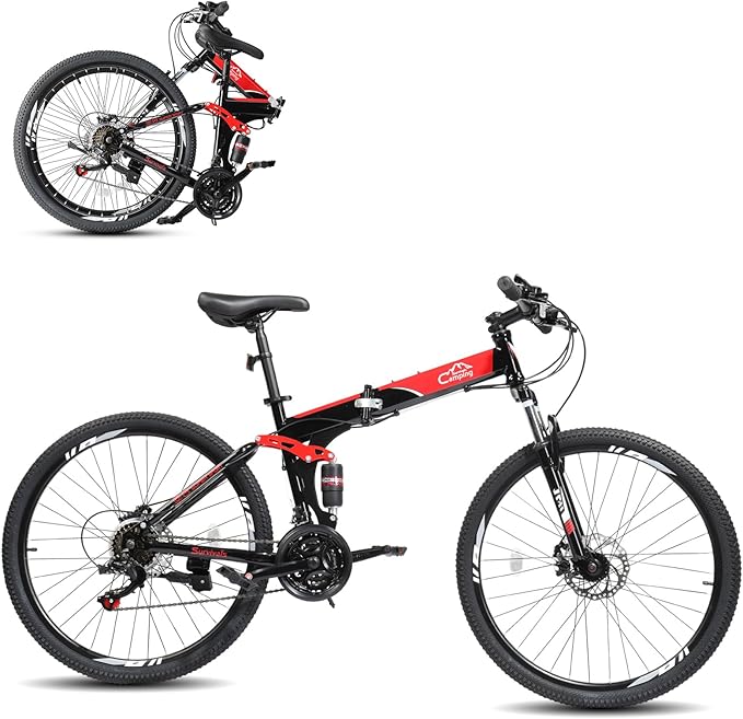 26/27.5 Inch Foldable Bike Folding Bike with 21 Speed, One Touch Folding, Dual Disc Type Brakes, Adjustable Seat, Full Suspension, Folding Bicycle for Men/Women/Senior