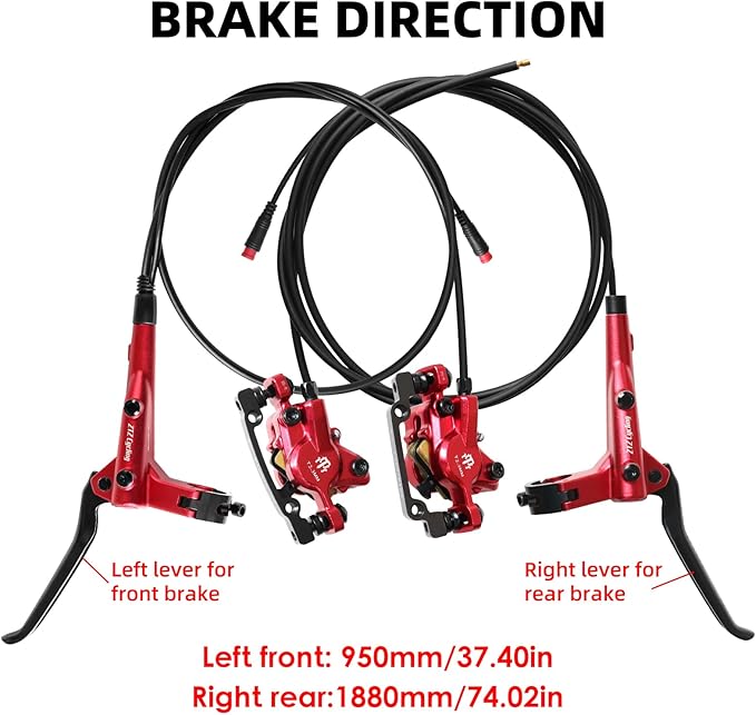 E-Bike Hydraulic Disc Brake Set, 2-PIN 2-Pistons Electric Power-Off Hydraulic Brakes Set, Left Front 950mm Right Rear 1880mm Pre-Bled with Mineral Oil Brakes Kit for eBike, MTB, Scooters