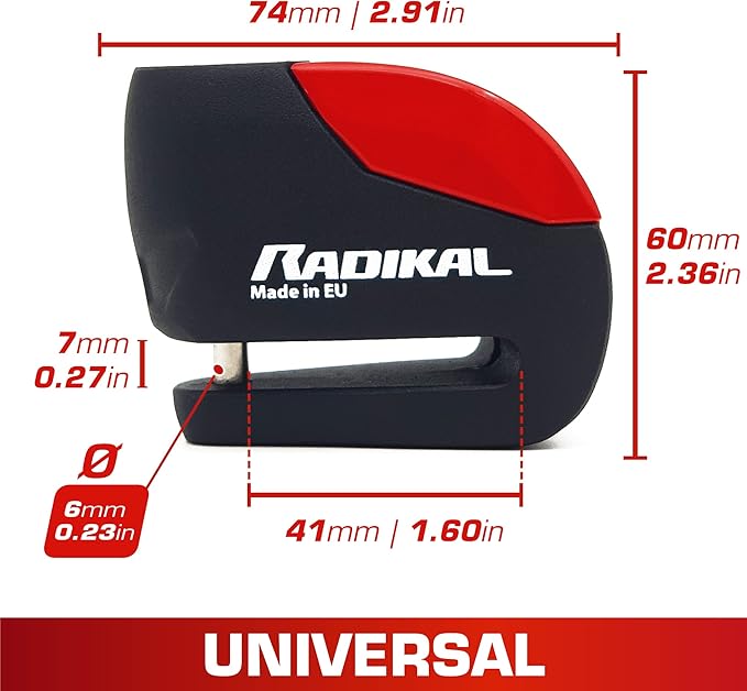 RADIKAL RK9 Disc Lock with Premum Alarm 120db ON/Off, LED Night Alert, Warning Pre-Alarm, 100% Waterproof, Full Metal Heavy Duty Brake Lock Universal Anti Theft Device for Motorcycle, E-Bike, Bicycle