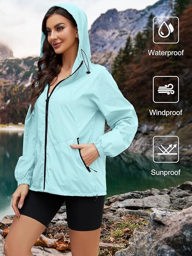 Packable Rain Jacket Women Waterproof Lightweight Jacket With Hood Womens Windbreaker Jacket S-XXL