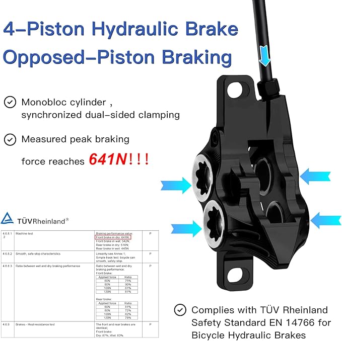 ZTZ IIIPRO E4 MTB Hydraulic Disc Brake Set, 4-Piston Hydraulic Brake Kit with Ceramic Brake Pads for Mountain Bike（Pre-Bled, Front 800mm and Rear 1550mm）