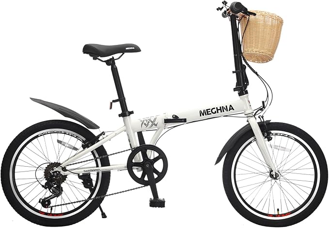 20 Inch Folding Bike with Phone Holder, Portable Folding Bikes with Basket & Fender, Steel Frame 6-Speed, V Brake, Lightweight Foldable Bicycle for Women Men City Commuter