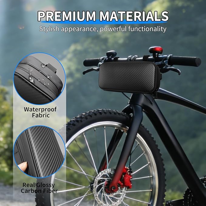 T-carbon Bike Handlebar Bag, Carbon Fiber Hard Shell Bicycle Front Bag, Bike Handlebar Storage Pouch Pack with Shoulder Strap for Road Mountain Bike Cycling Travel,Matte Black
