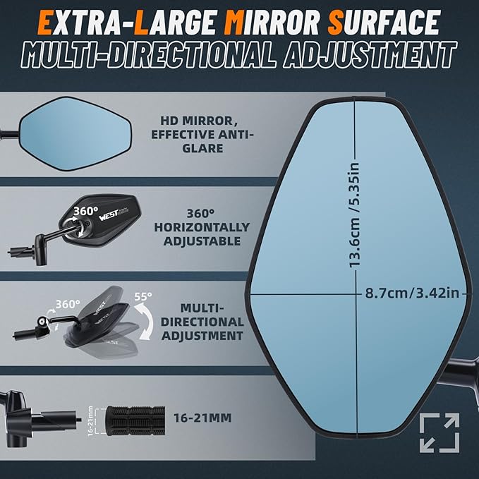 West Biking Bike Mirror, 360° Adjustable HD Shatterproof Bicycle Mirror, Aluminium Alloy Mirror Stem Provides Exceptional Stability,Handlebar-End Rear-View Mirror Suitable For E-Bike(Left)