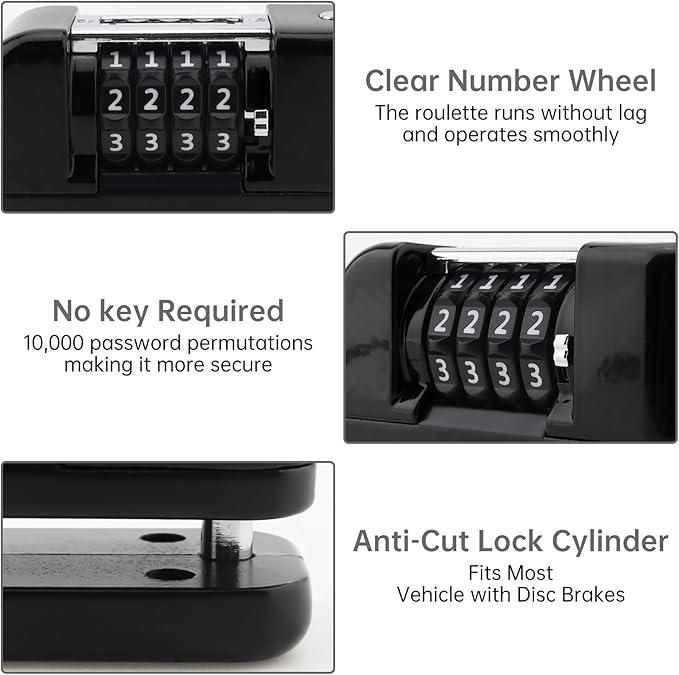 Windance Motorcycle Disc Brake Lock with Reminder Cable, Anti Theft Combination Wheel Lock,Waterproof Aluminum Alloy Keyless Password Security for Motorcycle Scooter Dirt Pit Bike E-Bike (Black)