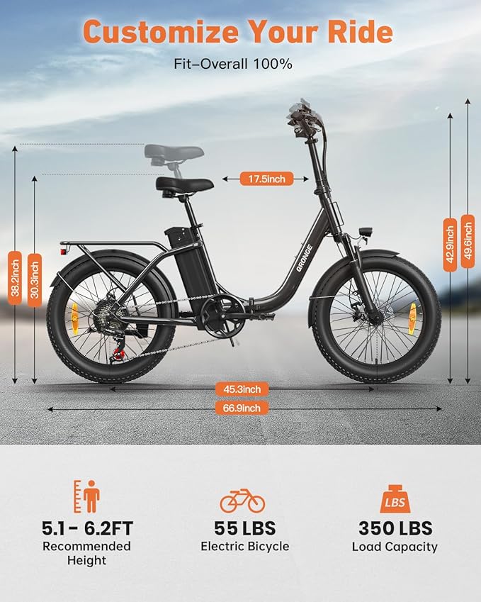 Electric Bike, 1000W Peak Folding Electric Bike, 486Wh 70 Miles Range Ebike, 20" Step-Thru Bicycle with Front Basket, Waterproof Removable Battery, 7 Speed, 25 MPH Max