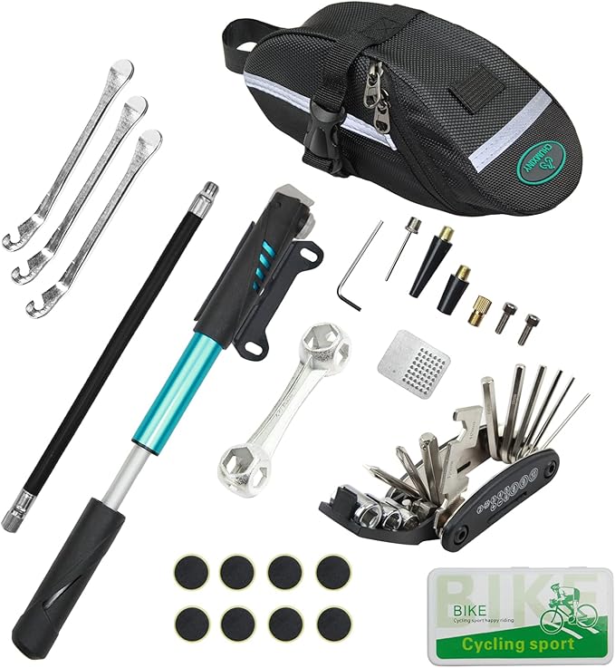 Bike Repair Kit Contains 16-in-1 Tool, 120Psi Mini Bicycle Pump, Tire Patch, Used for Mountain/Road Bike.(Blue)