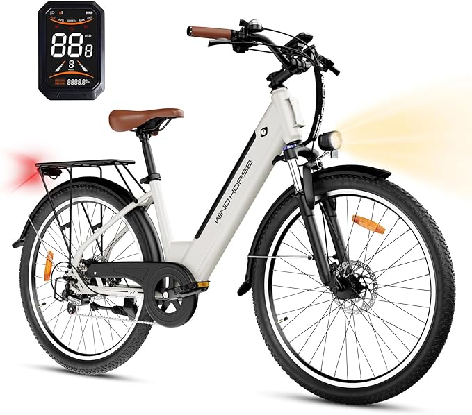WINDHORSE 26" Electric Bike for Adults 20MPH & 30-50 Miles Range, Shimano 7-Speed, 468WH Removable Battery Commuter Ebike with 750W Peak Motor, Front Suspension, Rear Rack, Fenders, UL2849 Certified