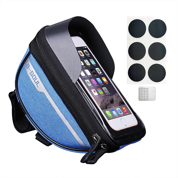 Bike Phone Front Frame Bag, Waterproof, Tube Case, Bicycle Phone Holder, Bike Handlebar Bag, Bicycle Accessories Compatible Cellphone Under 7.2”, Cycling Pouch with 6Pcs Glue-free Tire Patches