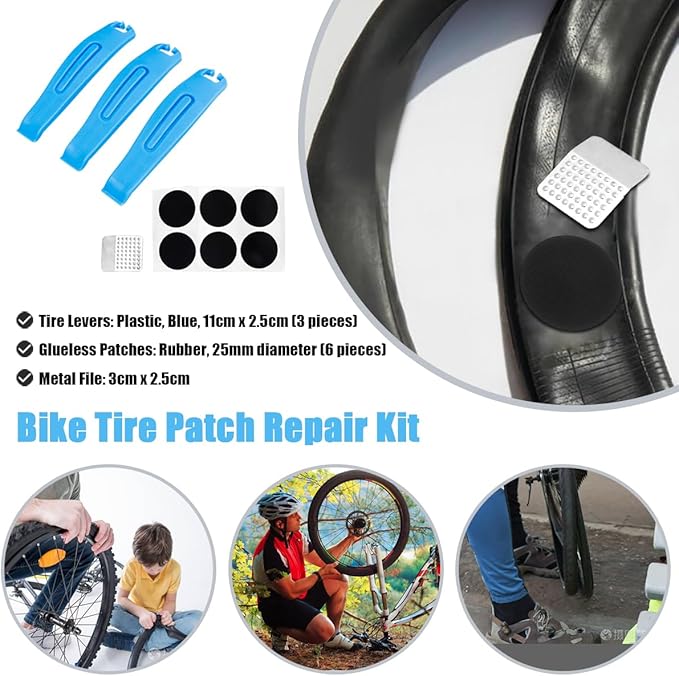 Bike Tire Repair Kit, 6Pcs Glueless Patches & 3Pcs Tire Levers with Metal Rasp, Compact Bicycle Inner Tube Patch Kit for Road & Mountain Bikes