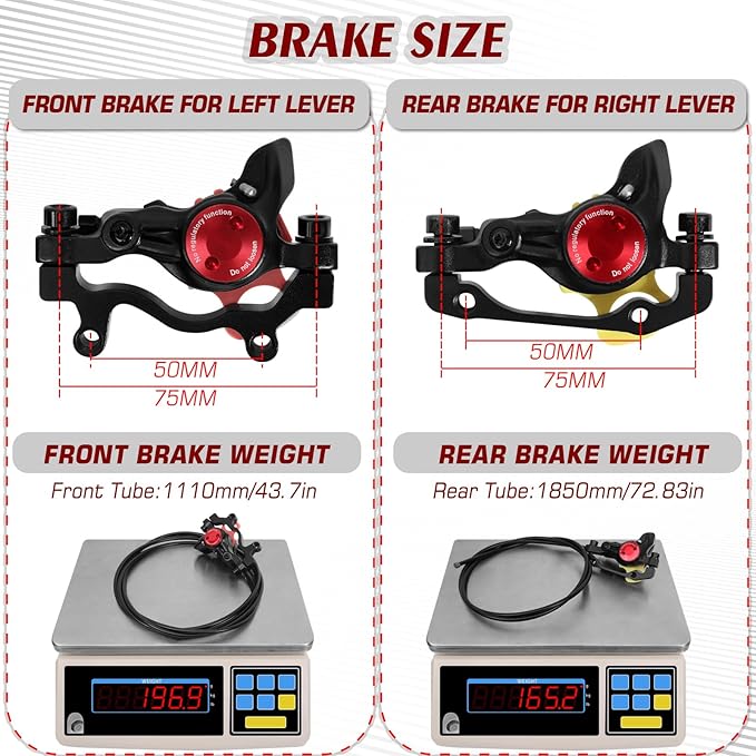 BUCKLOS Ebike Hydraulic Disc Brake Zoom HB-775E 2-PIN 2 Pistons Ebike Electric Power-Off Brakes Left Front 1110mm Right Rear 1850mm with Mounting Adapter Fit E-Bike,Scooter and Electric Motorcycle