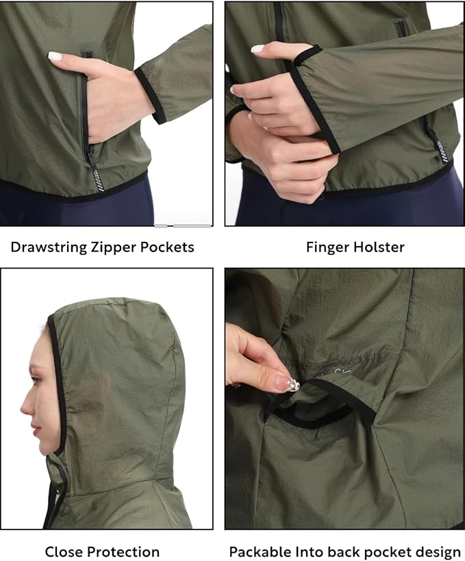 Wulibike Windbreaker Jacket Women Lightweight Rain Jacket Packable Reflective Hooded For Cycling,Hiking Outdoor Sports