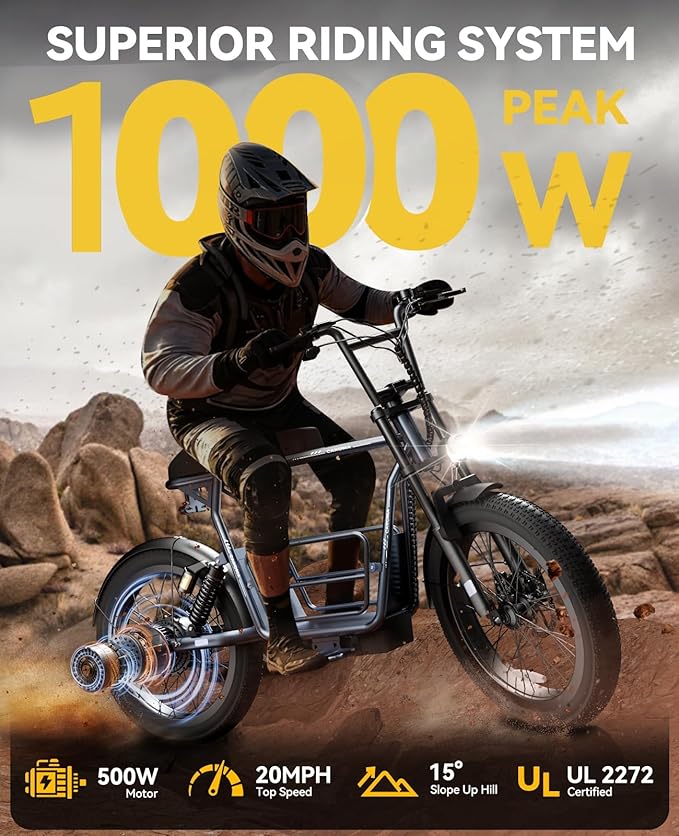 Caroma Peak 1200W/1000W/800W/500W Electric Scooter with Seat,16"/20" Fat Tire Ebike All-Terrain,Max 30Miles&20MPH Electric Scooter Adults,Electric Motorcycle Adults with Storage Basket for Cargo&Pets