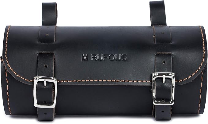 M RUFOUS Genuine Leather Under Seat Handlebar Bicycle Bag - Black, Premium Handcrafted Bicycle Bag with Brass Buckle, Leather Bag for Cell Phone (Free Waterproof Cover)