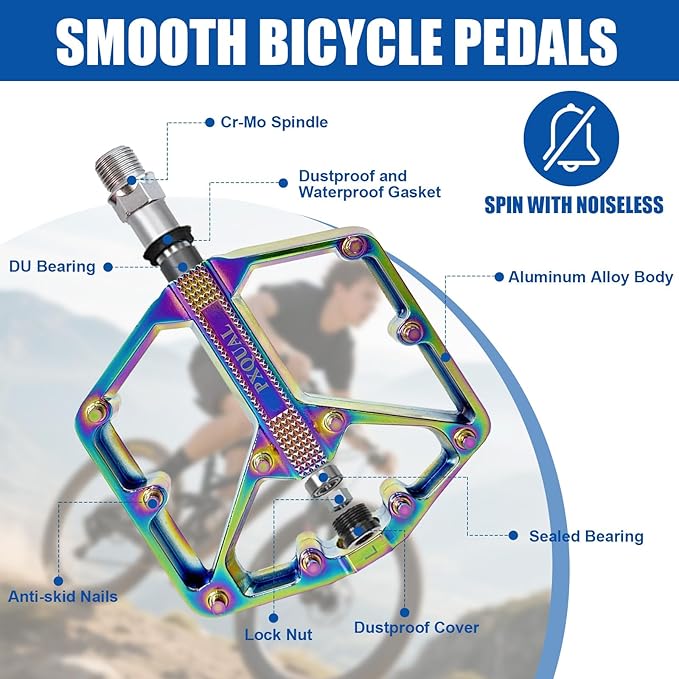 Mountain Bike Pedals MTB Bicycle Flat Pedals 3 Sealed Bearings Aluminum 9/16" Lightweight Platform for Road MTB