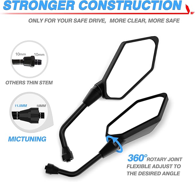 MICTUNING Universal Hawk-eye Motorcycle Convex Rear View Mirror - with 10mm Bolt, Handle Bar Mount Clamp Compatible with Cruiser, Suzuki, Honda, Victory and More