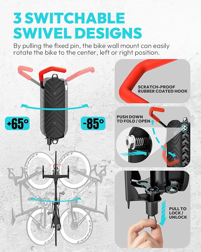 Swivel Bike Wall Mount Bike Rack Garage Organizer, Vertical Bike Hanger for Bicycle Rotating Wall Rack, Easy Installation with Wheel Hook (2 PACK)
