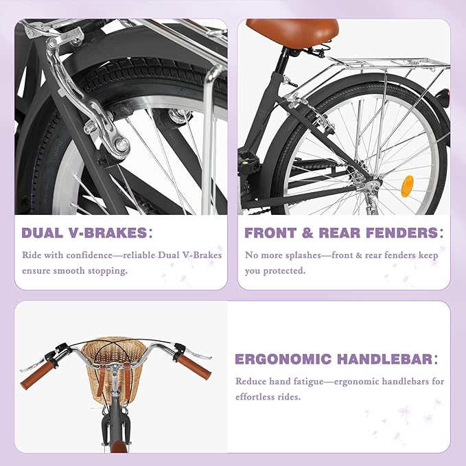 Betterland Beach Cruiser Bike for Women, 24/26 inch Hybrid Bike with Adjustable Seat, Womens Bike with Front Basket and Dual V-Brake, Step Through Comfort Bicycle for City Commuter
