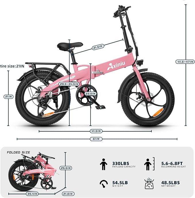 20" Folding Electric Bike for Adults, 850W Lightweight Foldable Ebike, 4lbs,60+ Mile Range, 25mph Top Speed, Fat Tire Electric Bicvcle